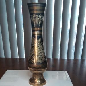 Vintage Brass Vase With Etched Black and Gold Floral Elegance